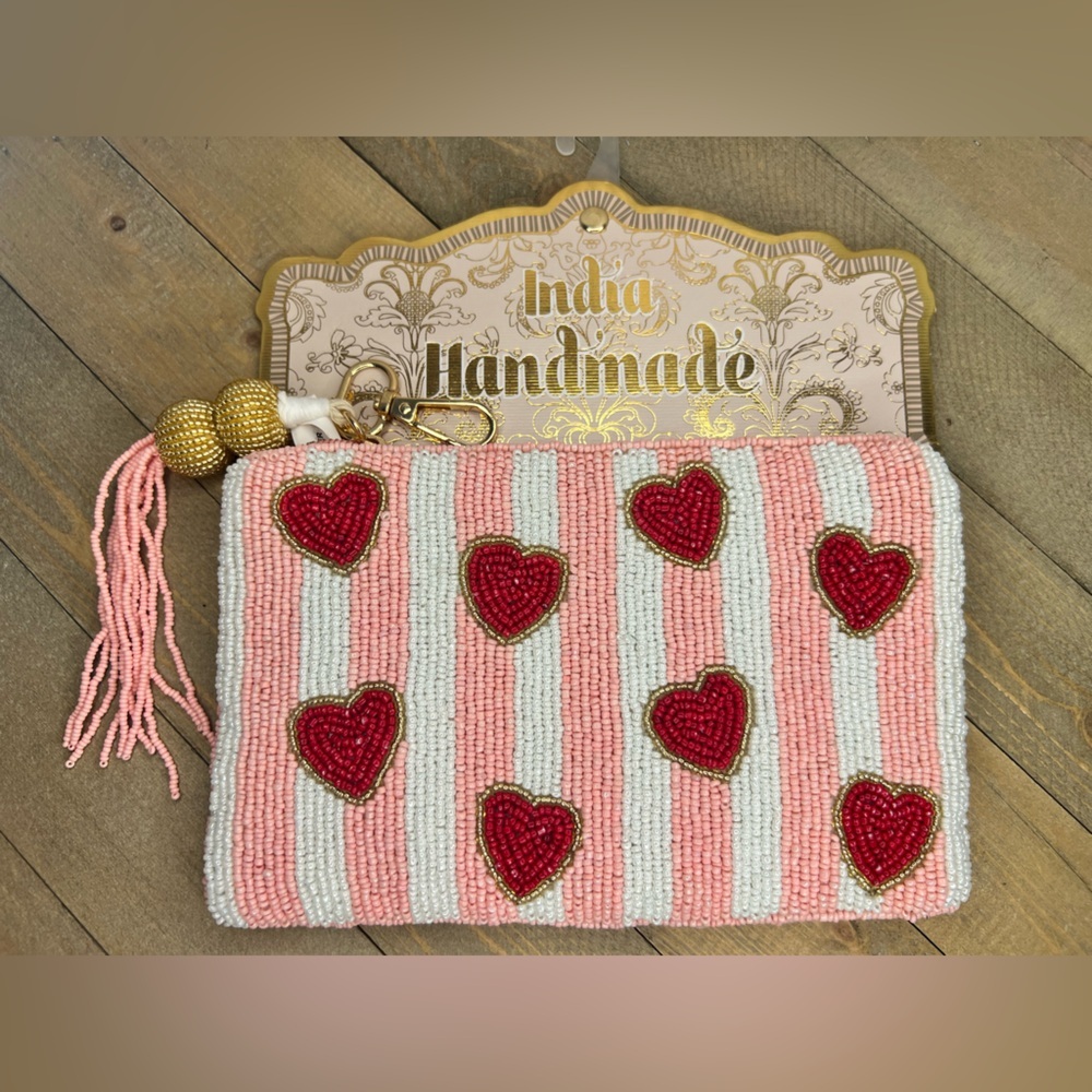 Made in India Pink and White Beaded Heart Pouch